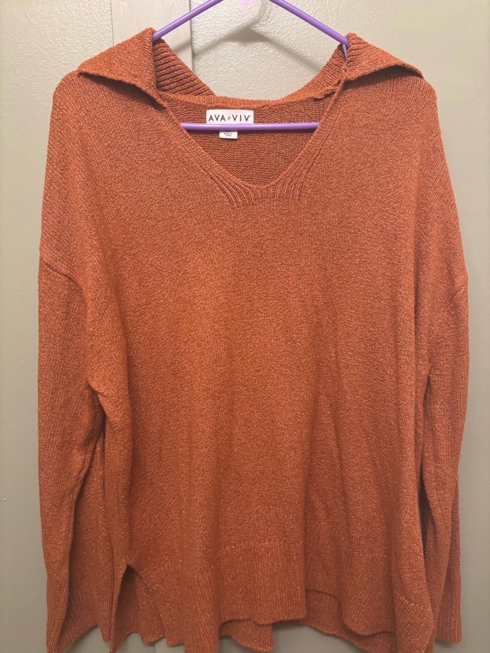 Ava & Viv V-Neck Hooded Sweater in Rust Orange